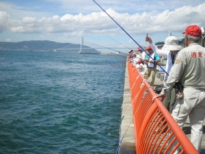 明石大橋を背景に釣りを楽しむ参加者の皆さん。
